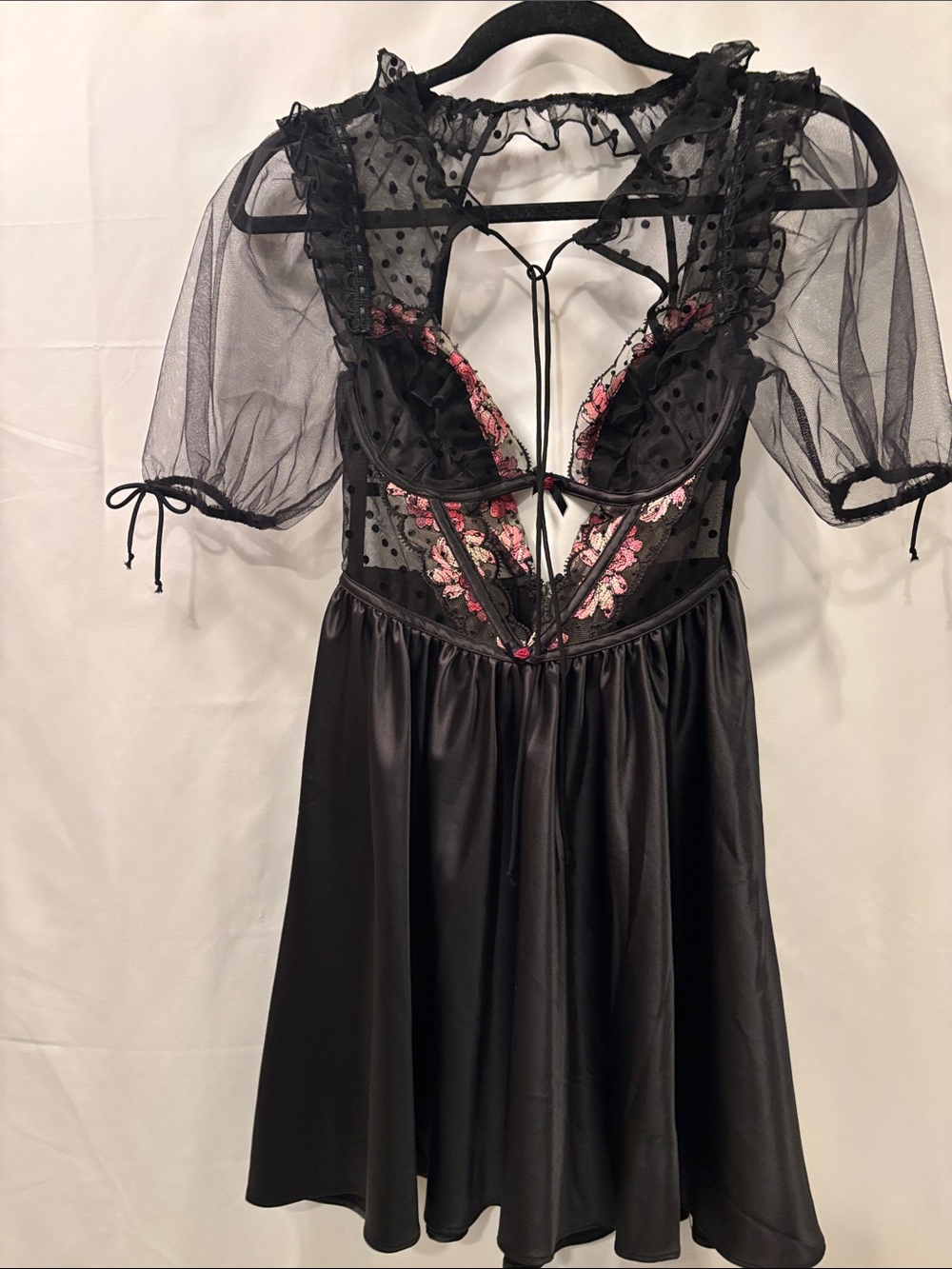 NWT For Love And Lemons Black Mesh & Pink Floral Lace Nightdress - XS